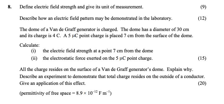 Define-electric-field-strength-and-give-its-unit-of-measurement-Leaving Cert Physics-Question 8-2007.png