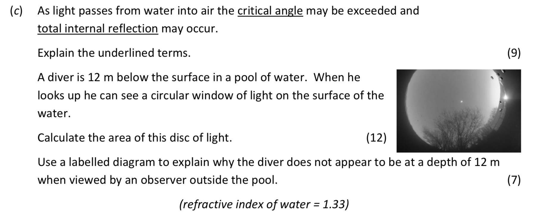As-light-passes-from-water-into-air-the-critical-angle-may-be-exceeded-and-total-internal-reflection-may-occur-Leaving Cert Physics-Question c-2019.png