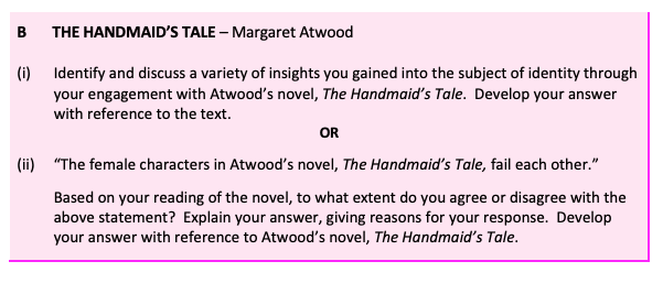 Identify-and-discuss-a-variety-of-insights-you-gained-into-the-subject-of-identity-through-your-engagement-with-Atwood’s-novel,-The-Handmaid’s-Tale-Leaving Cert English-Question B(i)-2019.png