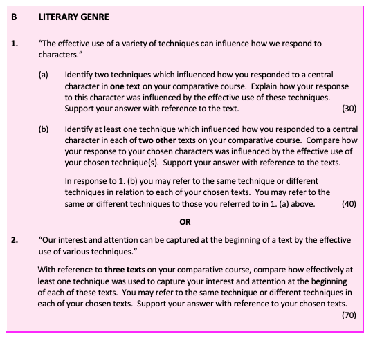 1.-"The-effective-use-of-a-variety-of-techniques-can-influence-how-we-respond-to-characters."--(a)-Identify-two-techniques-which-influenced-how-you-responded-to-a-central-character-in-one-text-on-your-comparative-course-Leaving Cert English-Question 1-2018.png
