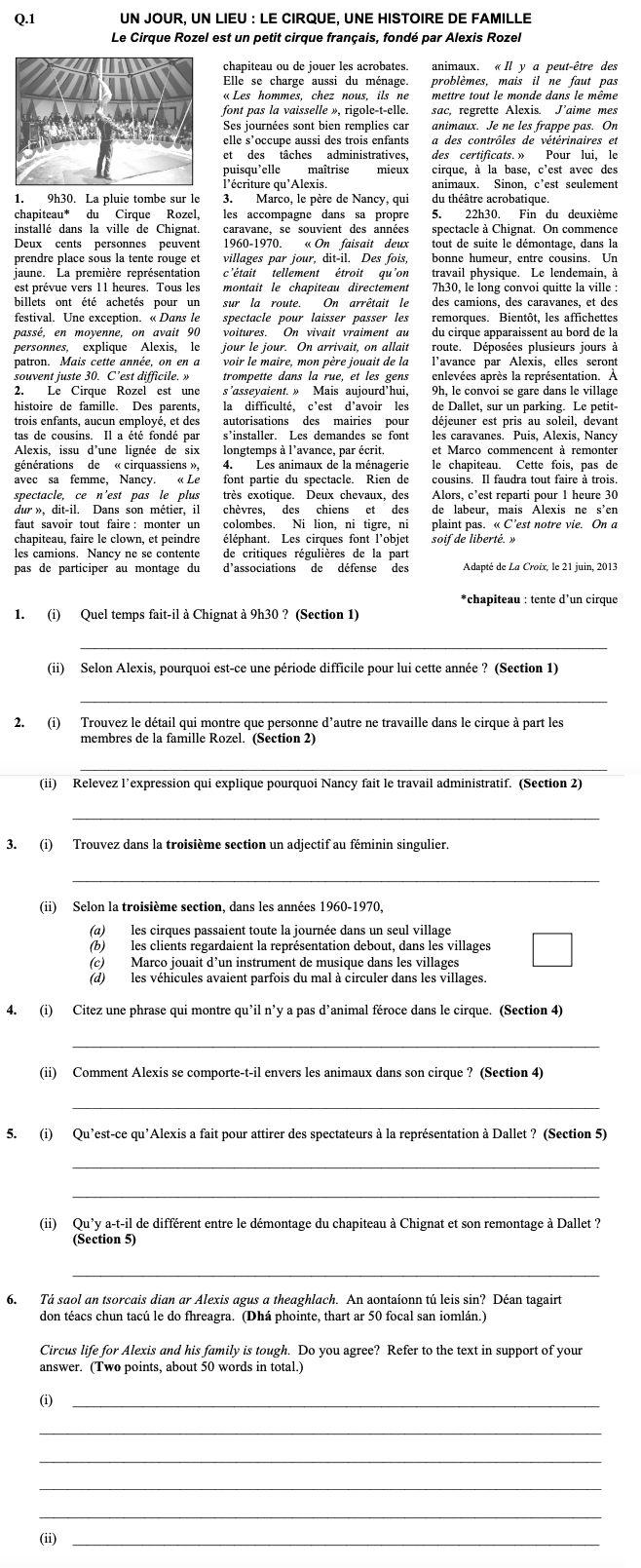 Q.1-(i)-Quel-temps-fait-il-à-Chignat-à-9h30-?-(Section-1)----(ii)-Selon-Alexis,-pourquoi-est-ce-une-période-difficile-pour-cette-année-?-(Section-1)----(iii)-Trouvez-l’idiom-qui-montre-que-personne-d’autre-ne-travaille-dans-le-cirque-à-parts-les-membres-de-la-famille-Rozel-Leaving Cert French-Question 1-2014.png