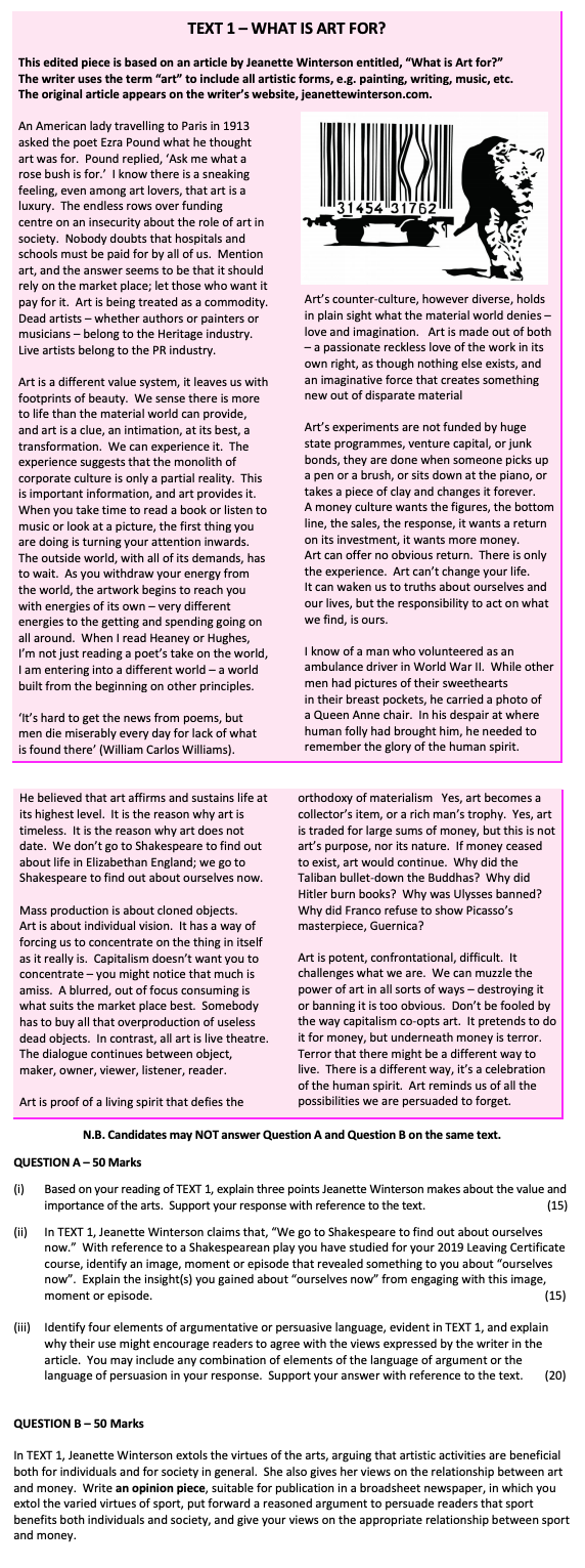 Based-on-your-reading-of-TEXT-1,-explain-three-points-Jeanette-Winterson-makes-about-the-value-and-importance-of-the-arts-Leaving Cert English-Question QUESTION A-2019.png