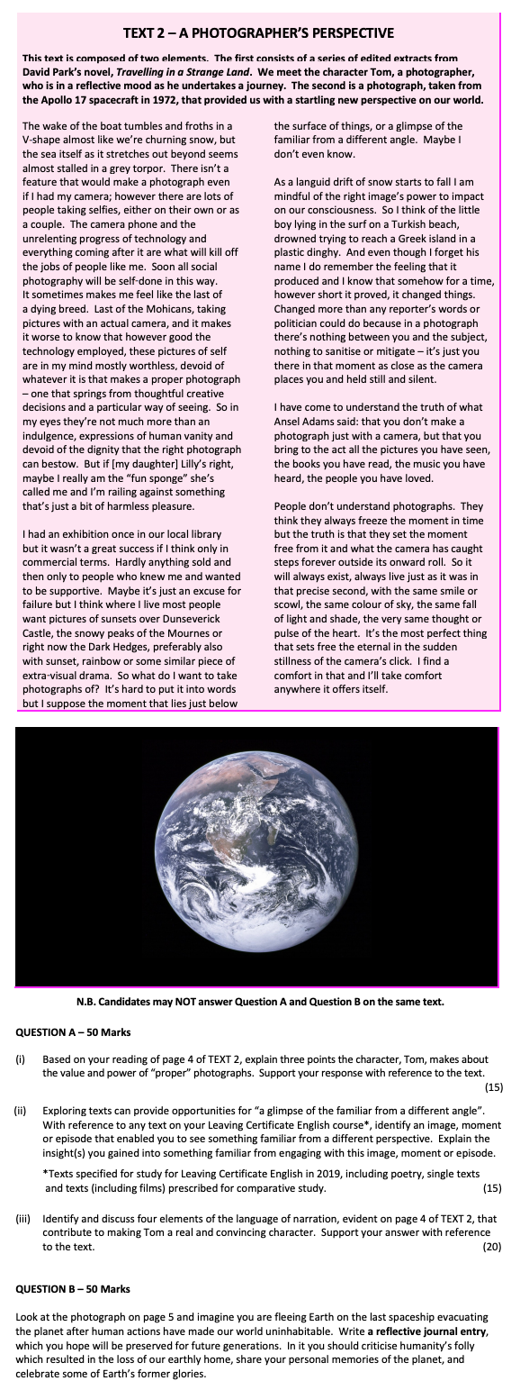 Based-on-your-reading-of-page-4-of-TEXT-2,-explain-three-points-the-character,-Tom,-makes-about-the-value-and-power-of-"proper"-photographs-Leaving Cert English-Question QUESTION A-2019.png