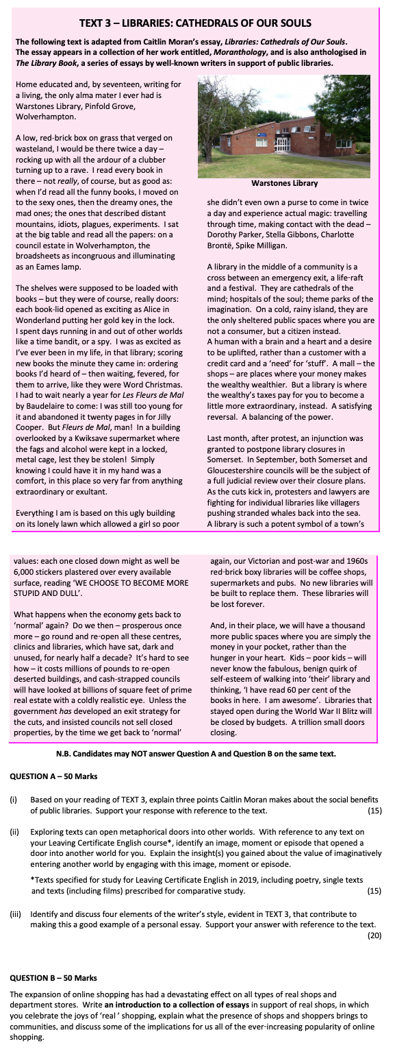 Based-on-your-reading-of-TEXT-3,-explain-three-points-Caitlin-Moran-makes-about-the-social-benefits-of-public-libraries-Leaving Cert English-Question QUESTION A-2019.png