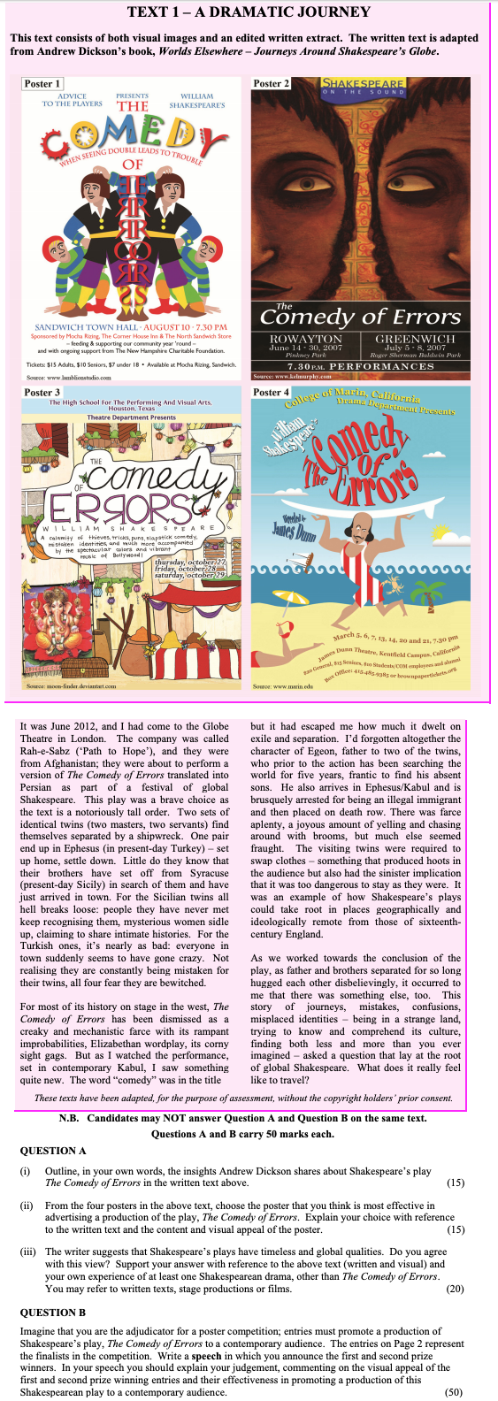 Outline,-in-your-own-words,-the-insights-Andrew-Dickson-shares-about-Shakespeare’s-play-The-Comedy-of-Errors-in-the-written-text-above-Leaving Cert English-Question QUESTION A-2016.png