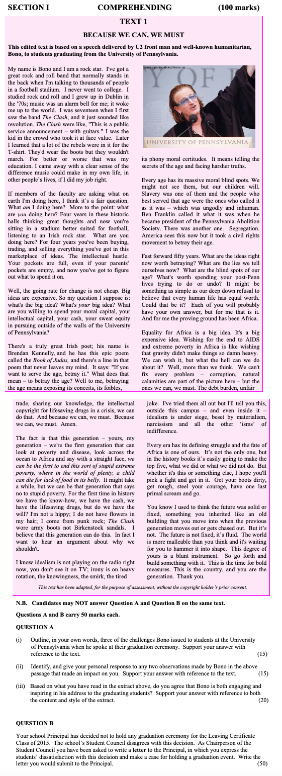 Outline,-in-your-own-words,-three-of-the-challenges-Bono-issued-to-students-at-the-University-of-Pennsylvania-when-he-spoke-at-their-graduation-ceremony-Leaving Cert English-Question QUESTION A-2015.png