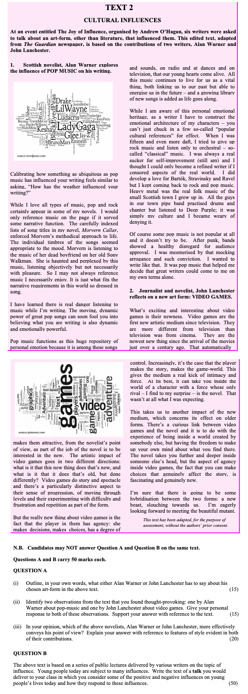 At-an-event-entitled-The-Joy-of-Influence,-organised-by-Andrew-O'Hagan,-six-writers-were-asked-to-talk-about-an-art-form,-other-than-literature,-that-influenced-them-Leaving Cert English-Question 1-2014.png