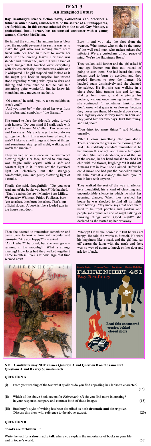 From-your-reading-of-the-text-what-qualities-do-you-find-appealing-in-Clarisse's-character?--Which-of-the-above-book-covers-for-Fahrenheit-451-do-you-find-more-interesting?-In-your-response,-compare-and-contrast-both-of-these-images-Leaving Cert English-Question QUESTION A-2010.png