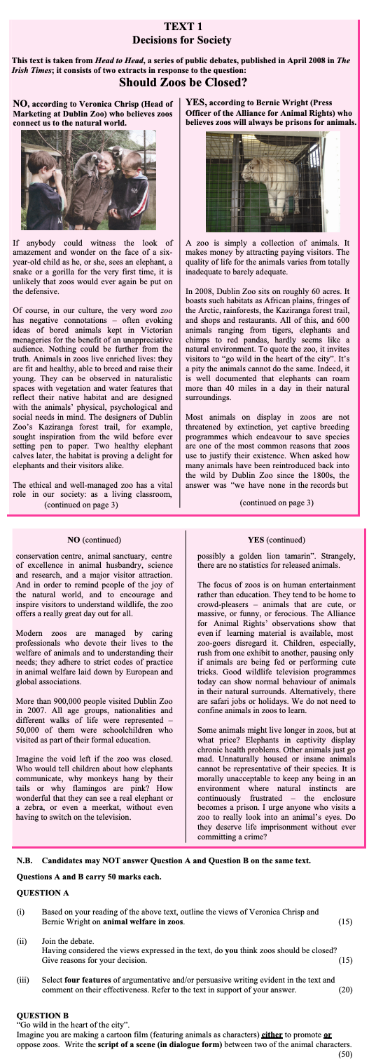 Based-on-your-reading-of-the-above-text,-outline-the-views-of-Veronica-Chrisp-and-Bernie-Wright-on-animal-welfare-in-zoos-Leaving Cert English-Question QUESTION A-2009.png