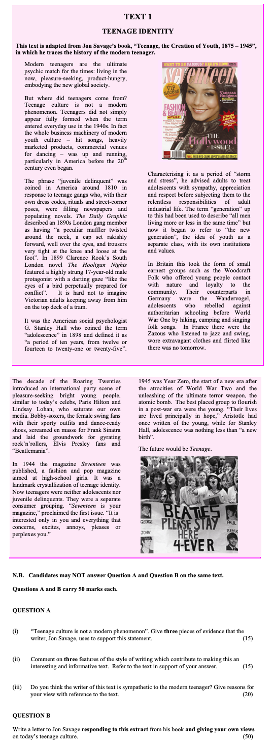 “Teenage-culture-is-not-a-modern-phenomenon”-Leaving Cert English-Question QUESTION A-2008.png