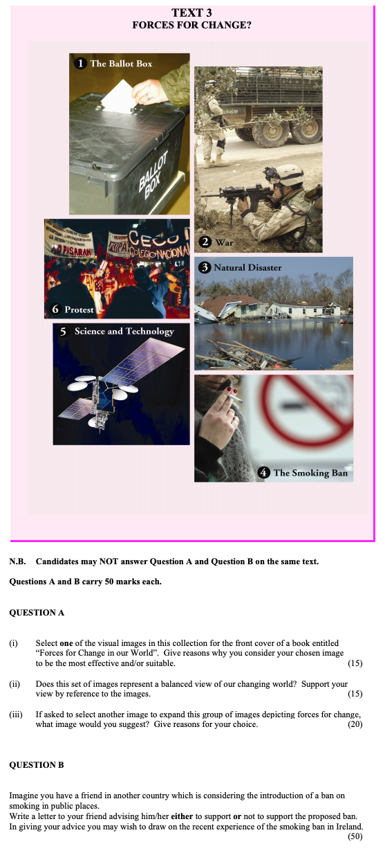 Select-one-of-the-visual-images-in-this-collection-for-the-front-cover-of-a-book-entitled-"Forces-for-Change-in-our-World"-Leaving Cert English-Question QUESTION A-2007.png