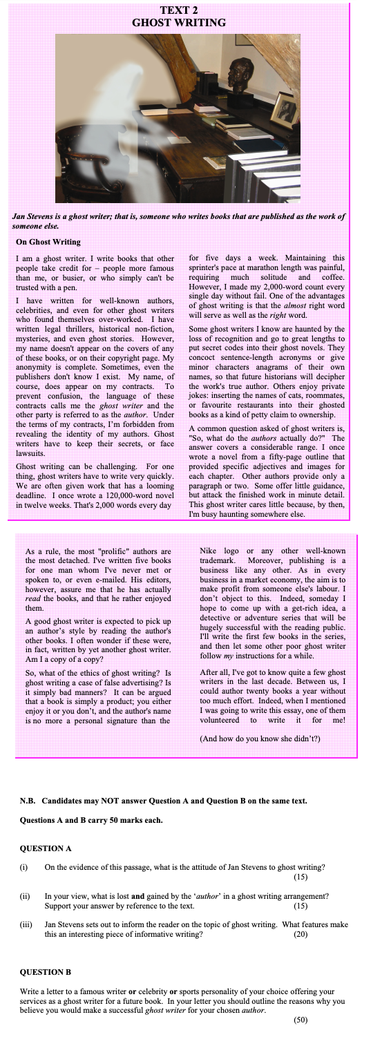 On-the-evidence-of-this-passage,-what-is-the-attitude-of-Jan-Stevens-to-ghost-writing?--Jan-Stevens-is-a-ghost-writer;-that-is,-someone-who-writes-books-that-are-published-as-the-work-of-someone-else-Leaving Cert English-Question QUESTION A-2006.png