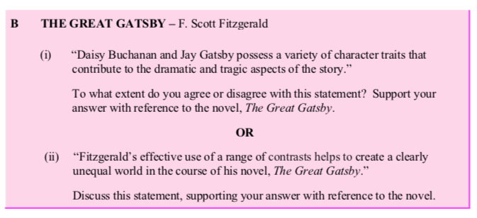 "Daisy-Buchanan-and-Jay-Gatsby-possess-a-variety-of-character-traits-that-contribute-to-the-dramatic-and-tragic-aspects-of-the-story."---To-what-extent-do-you-agree-or-disagree-with-this-statement?-Support-your-answer-with-reference-to-the-novel,-The-Great-Gatsby.-Leaving Cert English-Question B (i)-2016.png