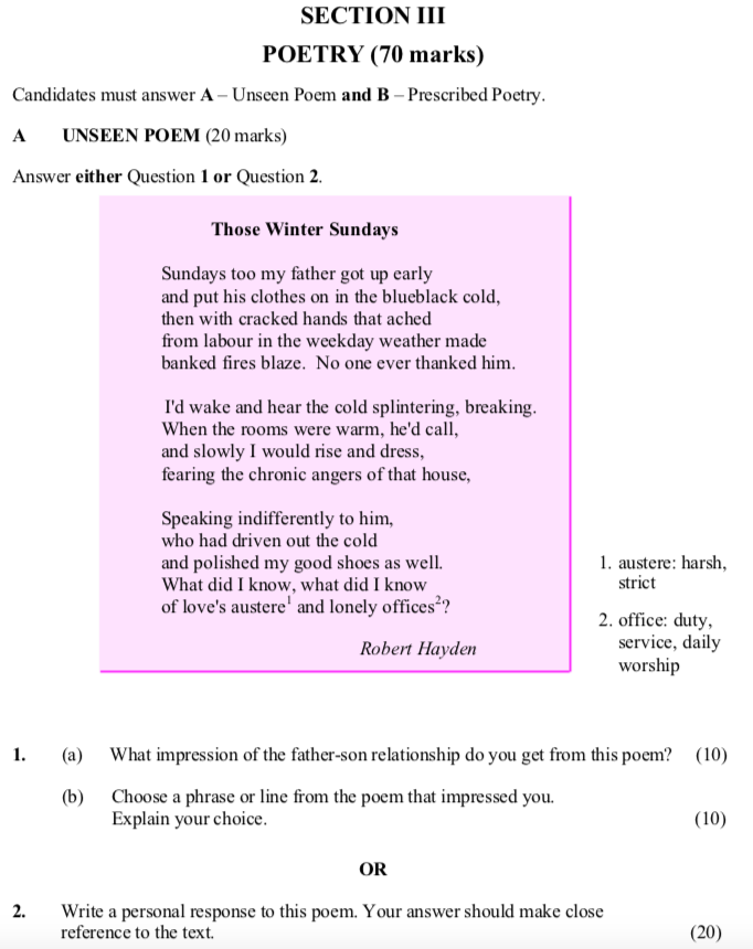 What-impression-of-the-father-son-relationship-do-you-get-from-this-poem?----Those-Winter-Sundays---Sundays-too-my-father-got-up-early---and-put-his-clothes-on-in-the-blueblack-cold,---then-with-cracked-hands-that-ached---from-labour-in-the-weekday-weather-made---banked-fires-blaze-Leaving Cert English-Question 1-2008.png