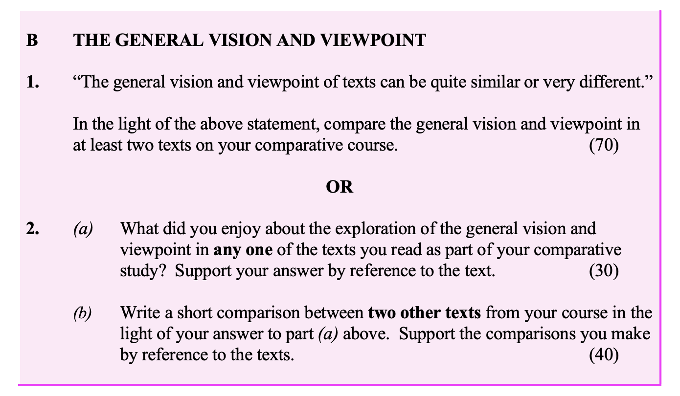 "The-general-vision-and-viewpoint-of-texts-can-be-quite-similar-or-very-different."-In-the-light-of-the-above-statement,-compare-the-general-vision-and-viewpoint-in-at-least-two-texts-on-your-comparative-course.-Leaving Cert English-Question 1-2003.png