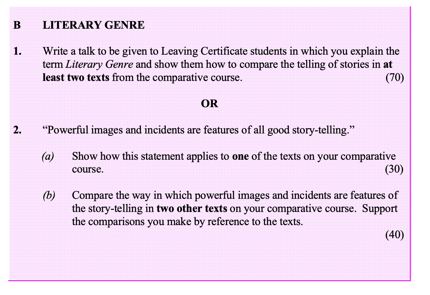 Write-a-talk-to-be-given-to-Leaving-Certificate-students-in-which-you-explain-the-term-Literary-Genre-and-show-them-how-to-compare-the-telling-of-stories-in-at-least-two-texts-from-the-comparative-course.-Leaving Cert English-Question 1-2005.png
