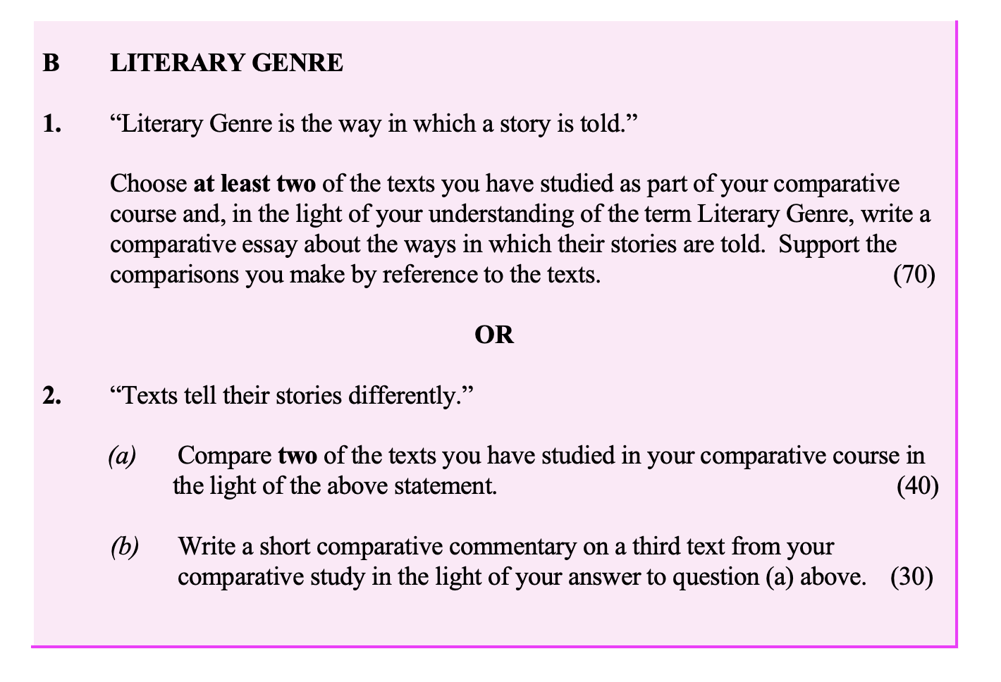 "Literary-Genre-is-the-way-in-which-a-story-is-told."--Choose-at-least-two-of-the-texts-you-have-studied-as-part-of-your-comparative-course-and,-in-the-light-of-your-understanding-of-the-term-Literary-Genre,-write-a-comparative-essay-about-the-ways-in-which-their-stories-are-told-Leaving Cert English-Question 1-2004.png