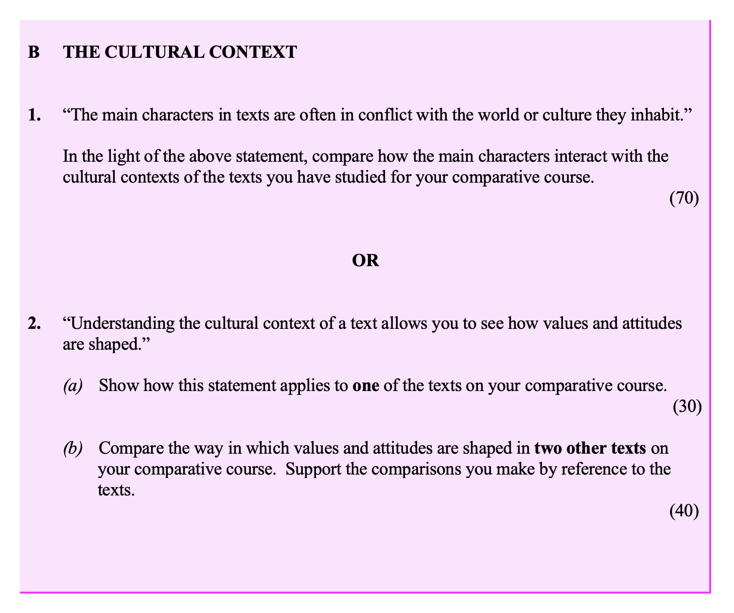 "The-main-characters-in-texts-are-often-in-conflict-with-the-world-or-culture-they-inhabit."--In-the-light-of-the-above-statement,-compare-how-the-main-characters-interact-with-the-cultural-contexts-of-the-texts-you-have-studied-for-your-comparative-course.-Leaving Cert English-Question 1-2009.png