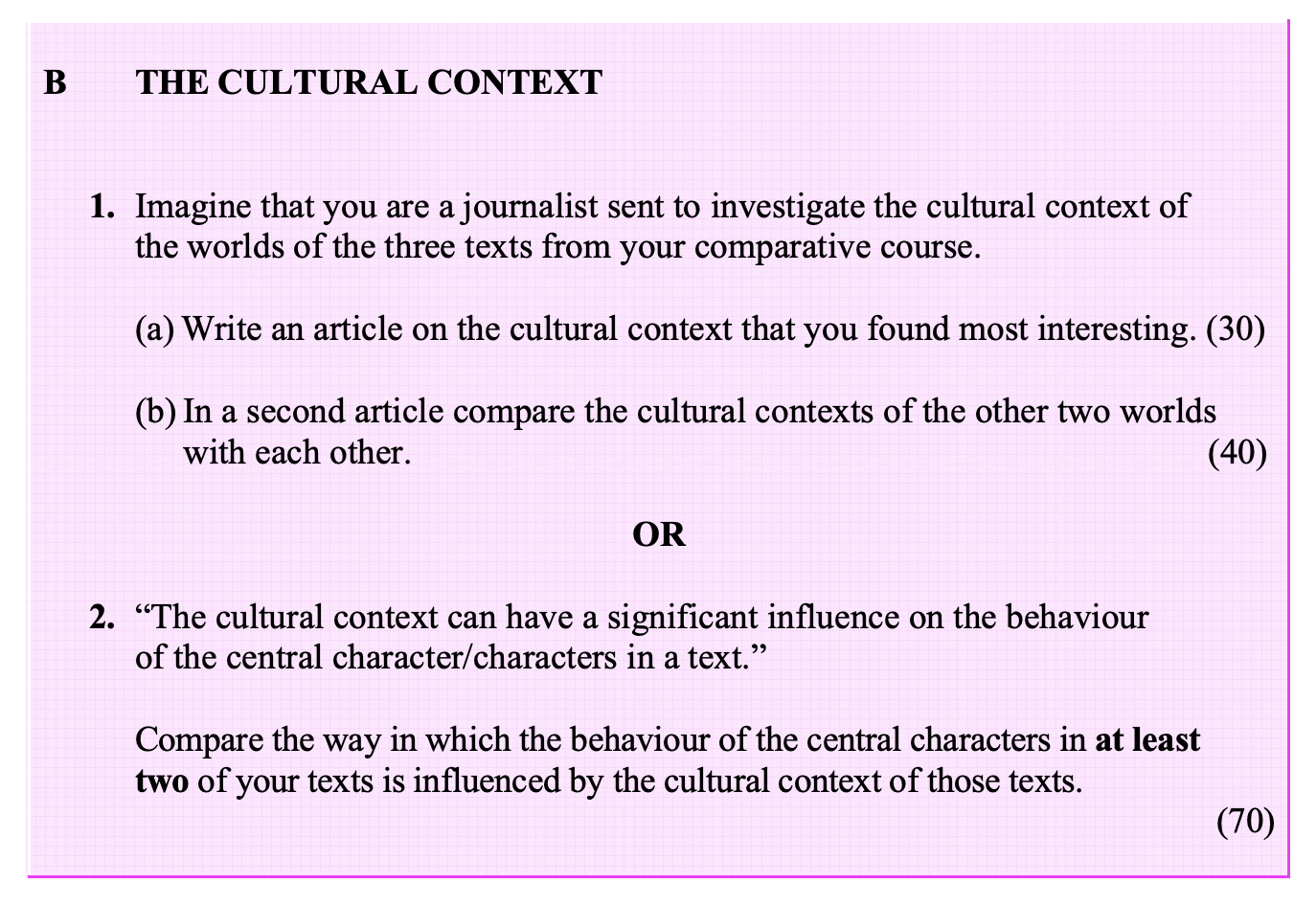 Imagine-that-you-are-a-journalist-sent-to-investigate-the-cultural-context-of-the-worlds-of-the-three-texts-from-your-comparative-course-Leaving Cert English-Question 1-2007.png