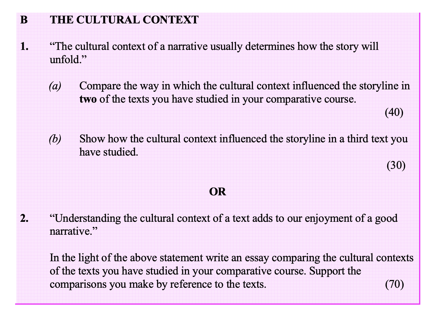 "The-cultural-context-of-a-narrative-usually-determines-how-the-story-will-unfold."--(a)-Compare-the-way-in-which-the-cultural-context-influenced-the-storyline-in-two-of-the-texts-you-have-studied-in-your-comparative-course-Leaving Cert English-Question 1-2006.png