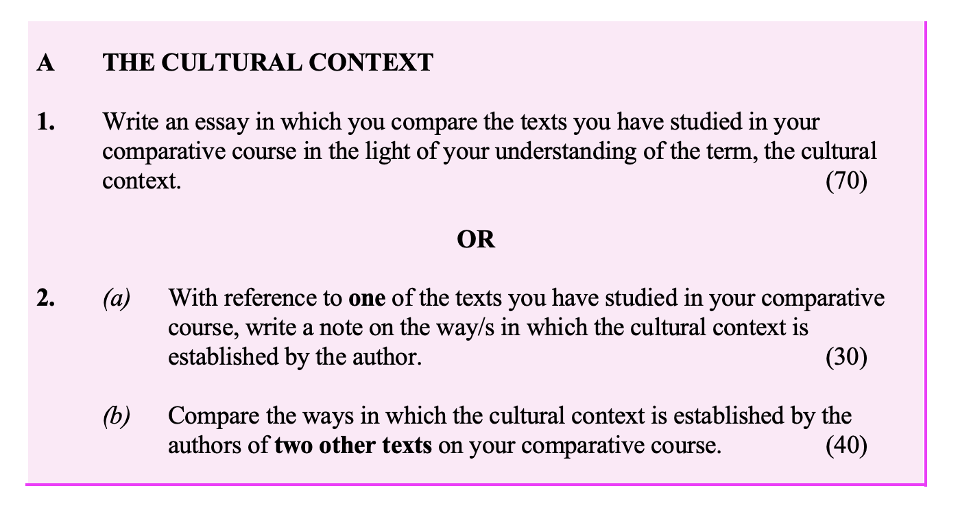1.-Write-an-essay-in-which-you-compare-the-texts-you-have-studied-in-your-comparative-course,-in-the-light-of-your-understanding-of-the-term,-the-cultural-context-Leaving Cert English-Question 1-2003.png