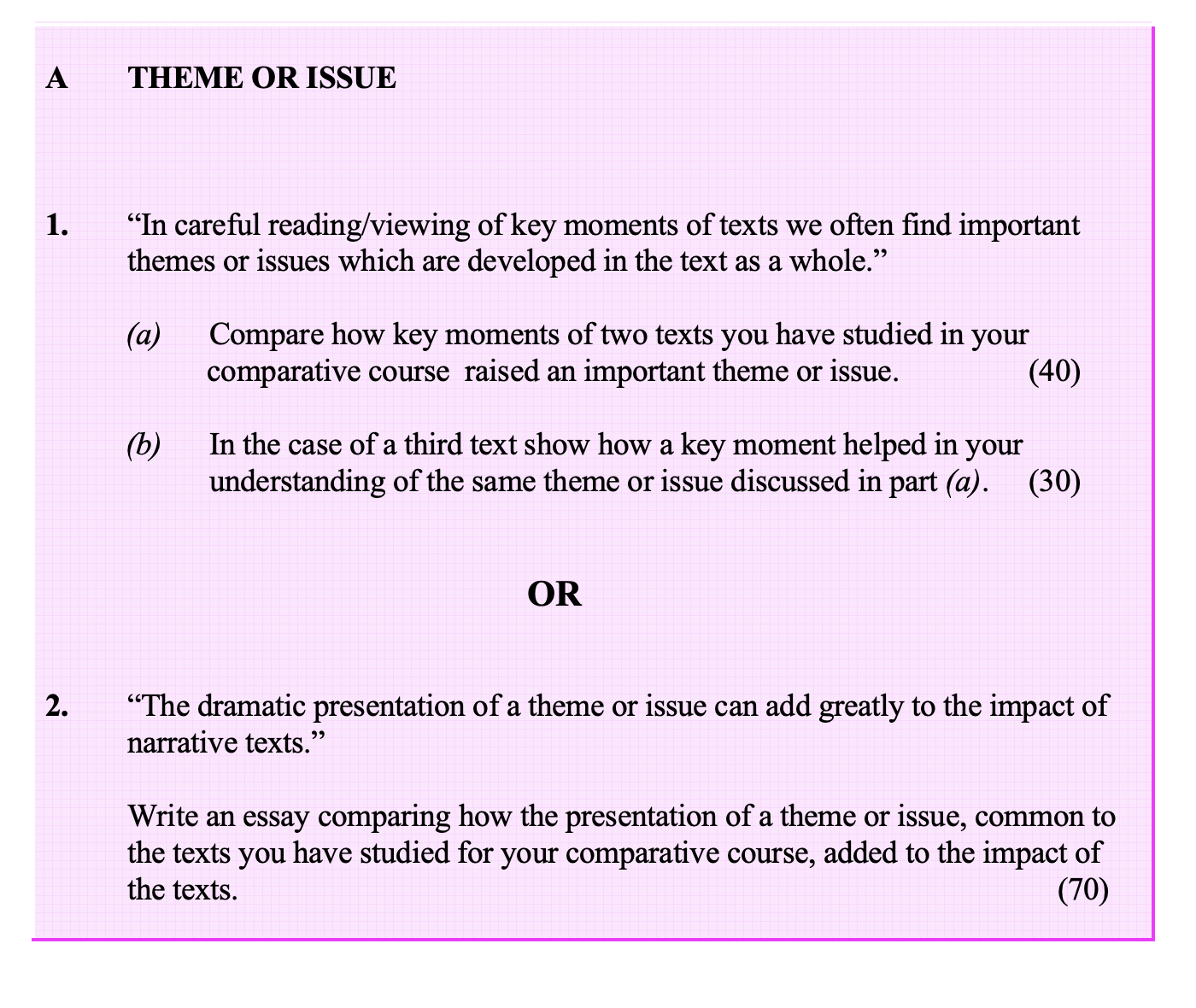 "In-careful-reading/viewing-of-key-moments-of-texts-we-often-find-important-themes-or-issues-which-are-developed-in-the-text-as-a-whole."--(a)-Compare-how-key-moments-of-two-texts-you-have-studied-in-your-comparative-course-raised-an-important-theme-or-issue-Leaving Cert English-Question 1-2006.png