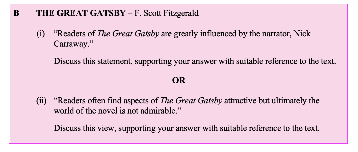 Readers-of-The-Great-Gatsby-are-greatly-influenced-by-the-narrator,-Nick-Carraway-Leaving Cert English-Question B-2013.png