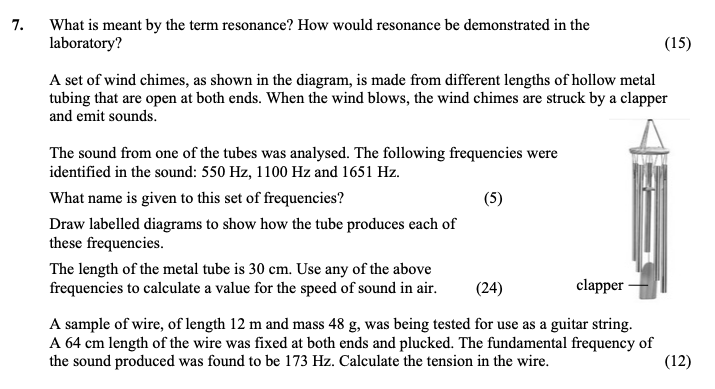 What-is-meant-by-the-term-resonance?-How-would-resonance-be-demonstrated-in-the-laboratory?--A-set-of-wind-chimes,-as-shown-in-the-diagram,-is-made-from-different-lengths-of-hollow-metal-tubing-that-are-open-at-both-ends-Leaving Cert Physics-Question 7-2013.png