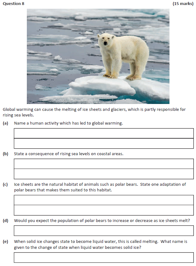 Global-warming-can-cause-the-melting-of-ice-sheets-and-glaciers,-which-is-partly-responsible-for-rising-sea-levels-Junior Cycle Science-Question 8-2019.png