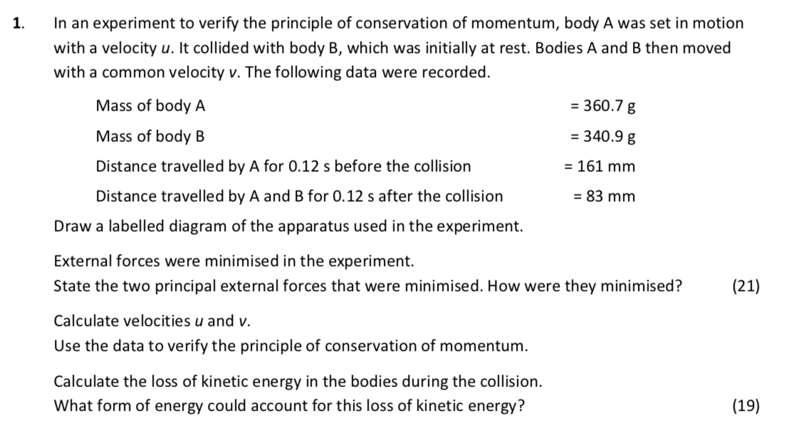 In-an-experiment-to-verify-the-principle-of-conservation-of-momentum,-body-A-was-set-in-motion-with-a-velocity-u-Leaving Cert Physics-Question 1-2019.png