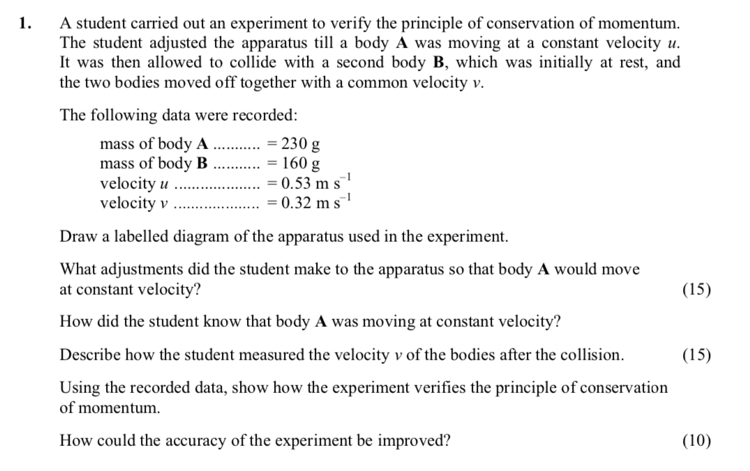 A-student-carried-out-an-experiment-to-verify-the-principle-of-conservation-of-momentum-Leaving Cert Physics-Question 1-2011.png