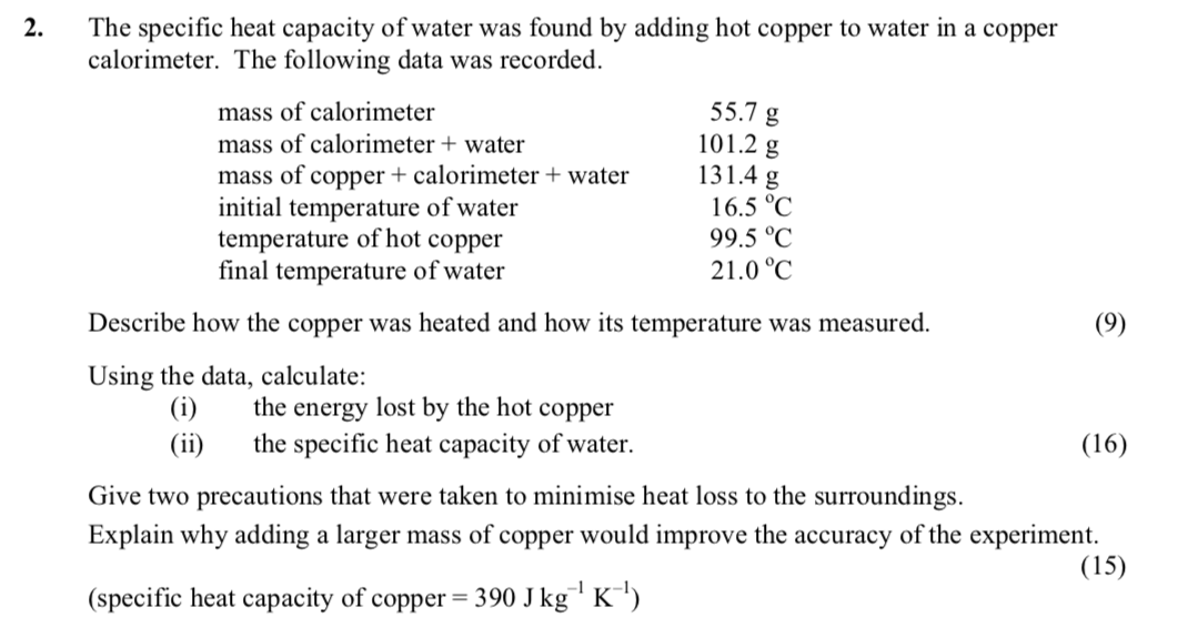 The-specific-heat-capacity-of-water-was-found-by-adding-hot-copper-to-water-in-a-copper-calorimeter-Leaving Cert Physics-Question 2-2007.png