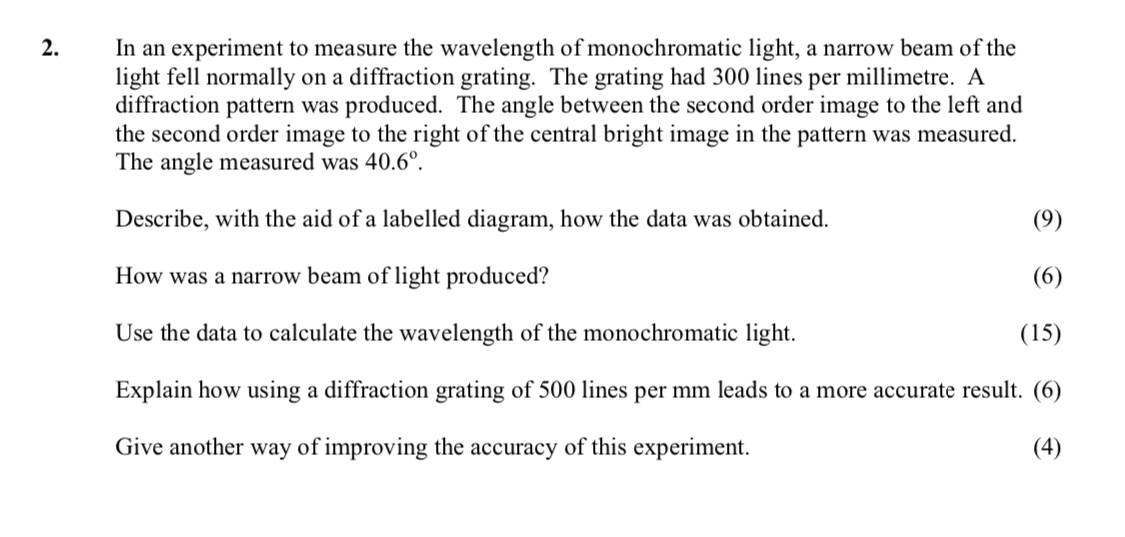 In-an-experiment-to-measure-the-wavelength-of-monochromatic-light,-a-narrow-beam-of-the-light-fell-normally-on-a-diffraction-grating-Leaving Cert Physics-Question 2-2006.png