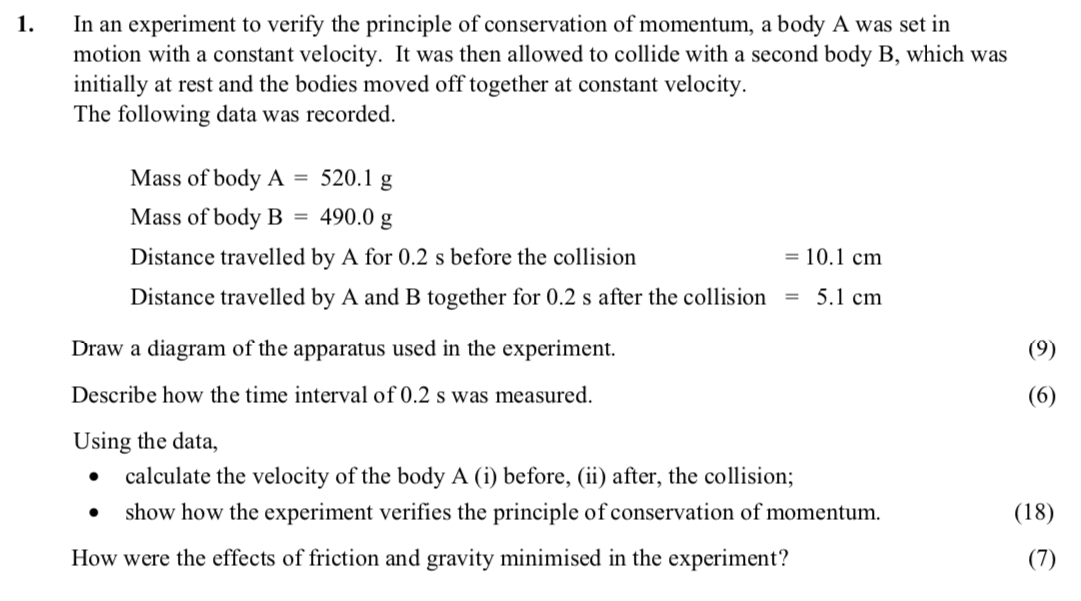 In-an-experiment-to-verify-the-principle-of-conservation-of-momentum,-a-body-A-was-set-in-motion-with-a-constant-velocity-Leaving Cert Physics-Question 1-2005.png