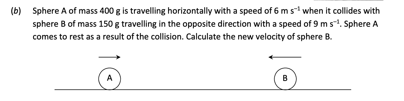 Sphere-A-of-mass-400-g-is-travelling-horizontally-with-a-speed-of-6-m-s⁻¹-when-it-collides-with-sphere-B-of-mass-150-g-travelling-in-the-opposite-direction-with-a-speed-of-9-m-s⁻¹-Leaving Cert Physics-Question b-2017.png