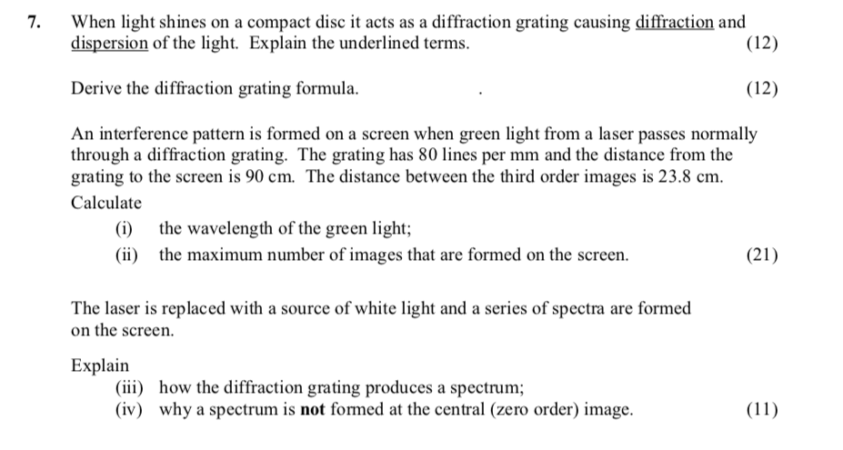 When-light-shines-on-a-compact-disc-it-acts-as-a-diffraction-grating-causing-diffraction-and-dispersion-of-the-light-Leaving Cert Physics-Question 7-2009.png