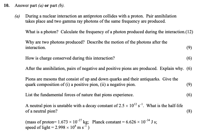During-a-nuclear-interaction-an-antiproton-collides-with-a-proton-Leaving Cert Physics-Question 10-2006.png