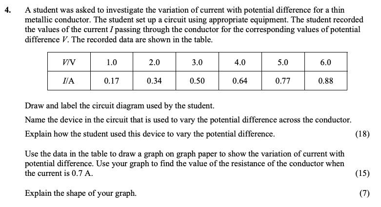 A-student-was-asked-to-investigate-the-variation-of-current-with-potential-difference-for-a-thin-metallic-conductor-Leaving Cert Physics-Question 4-2013.png