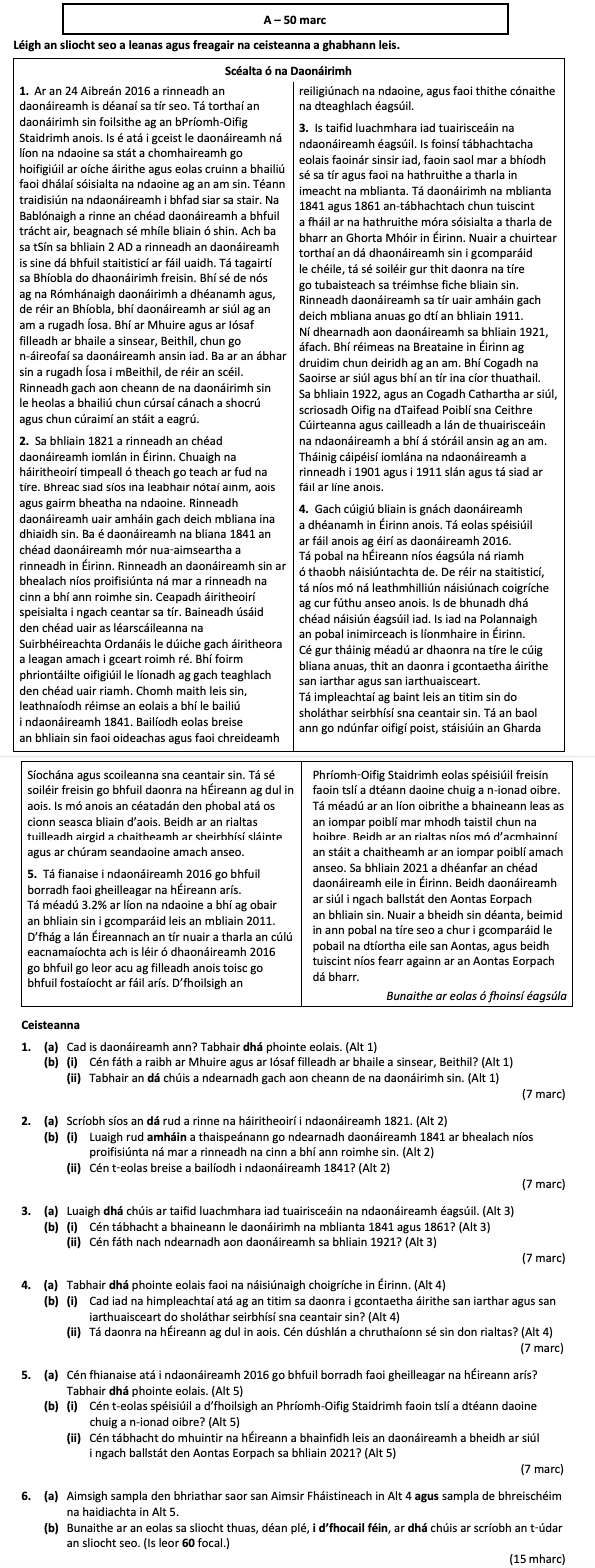 An-24-Aibreáin-2016-a-rinneadh-an-daonáireamh-is-déanaí-sa-tír-Leaving Cert Irish-Question 1-2018.png