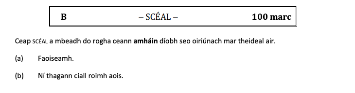 Ceap-scéal-a-mbeath-do-rogha-ceann-amháin-diobh-seo-oiriúnach-mar-theideal-air-Leaving Cert Irish-Question B-2019.png