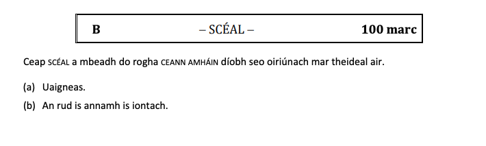 Ceap-SCÉAL-a-mbeadh-do-rogha-CEANN-AMHÁIN-diobh-seo-oiriúnach-mar-theideal-air-Leaving Cert Irish-Question B-2017.png