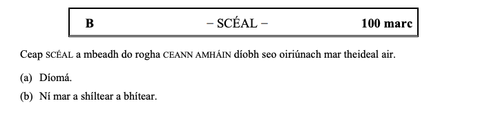 Ceap-SCÉAL-a-mbeadh-do-rogha-CEANN-AMHÁIN-diobh-seo-oiriúnach-mar-theideal-air-Leaving Cert Irish-Question B-2014.png