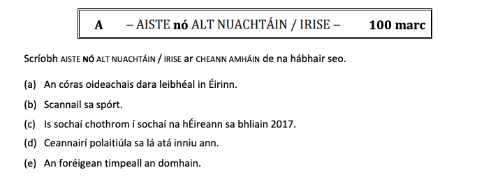 Scríobh-AISTE-nó-ALT-NUACHTÁIN-/-IRISE-ar-cheann-amháin-de-na-hábhair-seo-Leaving Cert Irish-Question A-2017.png