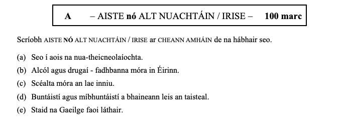 Scríobh-AISTE-NÓ-ALT-NUACHTÁIN-/-IRISE-ar-CHEANN-AMHAIN-de-na-hábhair-seo-Leaving Cert Irish-Question A-2015.png