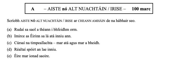 Scríobh-AISTE-nó-ALT-NUACHTÁIN-/-IRISE-ar-na-hábhair-seo-Leaving Cert Irish-Question A-2013.png