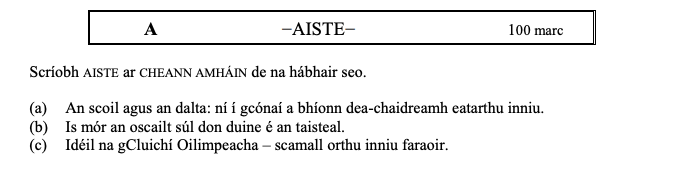 Scríobh-AISTE-ar-CHEANN-AMHÁIN-de-na-hábhair-seo-Leaving Cert Irish-Question A-2005.png