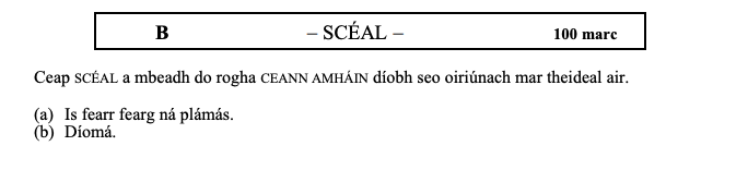 Ceap-SCÉAL-a-mbeadh-do-rogha-CEANN-AMHÁIN-diobh-seo-oiriúnach-mar-theideal-air-Leaving Cert Irish-Question B-2006.png