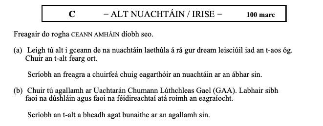 Fregair-do-rogha-CEANN-AMHÁIN-diobh-seo-Leaving Cert Irish-Question C-2012.png