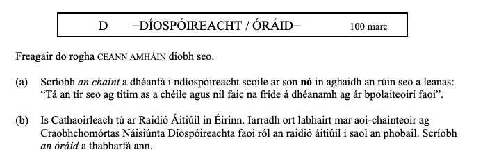 Freagair-do-rogha-CEANN-AMHÁIN-diobh-seo-Leaving Cert Irish-Question D-2005.png