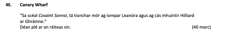 “Sa-scéal-Cosaint-Sonraí,-tá-tionchar-mór-ag-iompar-Leanóra-agus-ag-cás-mhuintir-Hilliard-ar-Ghráinne.”-Déan-plé-ar-an-ráiteas-sin.-Leaving Cert Irish-Question 4E-2017.png